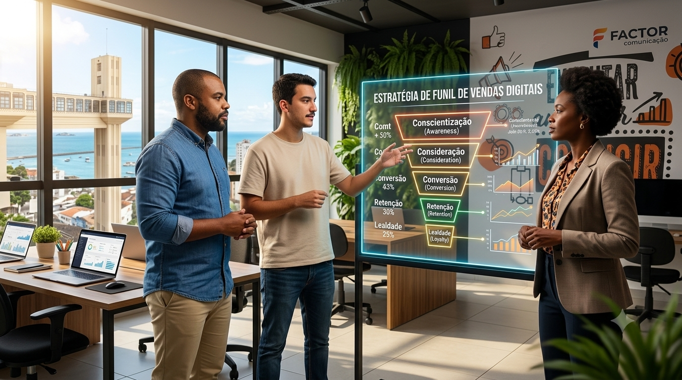Equipe da Factor Comunicação analisando funil de vendas digital no escritório