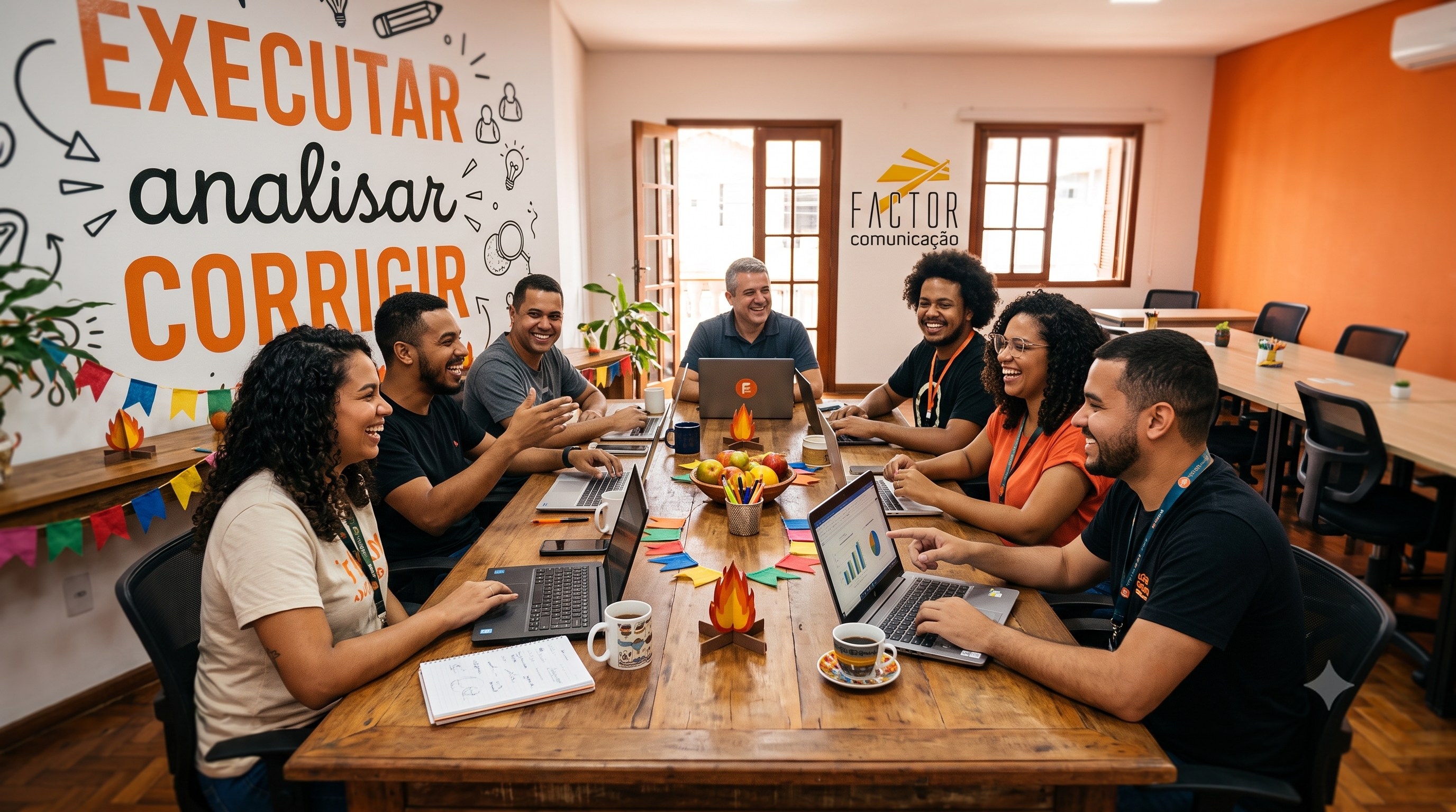 Equipe unida da Factor Comunicação sorrindo em reunião no escritório em Salvador, Bahia